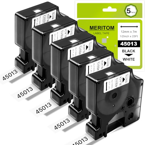 45013 Kompatibel mit Dymo D1 Etikettenband A45013 Weiß | Kompatibel mit Dymo D1 A45013 12mm x 7m S0720530 für Dymo LabelManager 160 210D 280 360D 420P, 5-Pack Schwarz auf Weiß