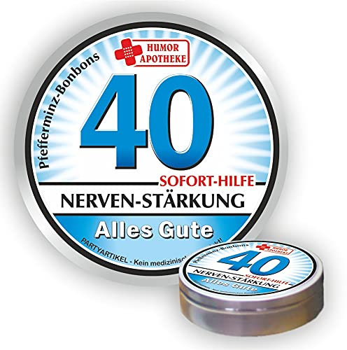 Pfefferminz Bonbon Metalldose - Zum 40. Geburtstag, Nervenstärkung Alles Gute - Soforthilfe | Humorapotheke Spaßmedizin Humormedizin | Pfefferminzdragees | Dose Blechdose Pillendose