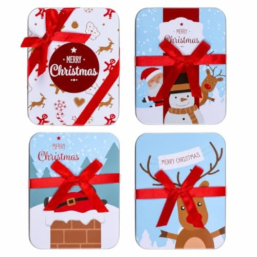 MIJOMA 4er Set Geschenkboxen Weihnachten aus Metall für Geldgeschenke, Gutscheinkarten, Prepaid-Bezahlkarten, Guthabenkarten, Candy – stilvolle Blechboxen, 12 x 9 cm, 4 sortierte Motive (Motiv-Mix 1)
