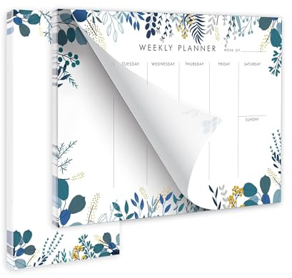 Weekly Planner Notepad Tear Off Set of 2 Weekly Calendar Pad 52 Undated To Do List Notepad Sheets Desk Planner Planning Pads Productivity Tracker for Work Goals Notes Schedule Ideas, Floral Blue