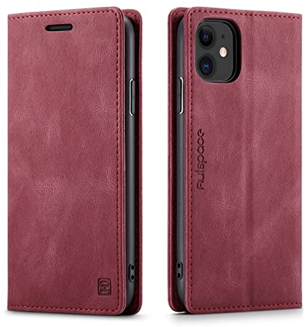 LOLFZ Wallet Case for iPhone 11, Magnetic Flip Leather Case with RFID Block Card Slots Kickstand Shockproof Protective Cover Compatible with iPhone 11 6.1 Inch - Red