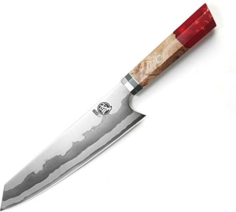 MITSUMOTO SAKARI 21 cm Küchenmesser Profi, 7 Lagen 440C Damast Fleischmesser, Handgeschmiedetes Kiritsuke Japanisches Messer (Weißer Granatapfelgriff & Boutique-Holzkiste)