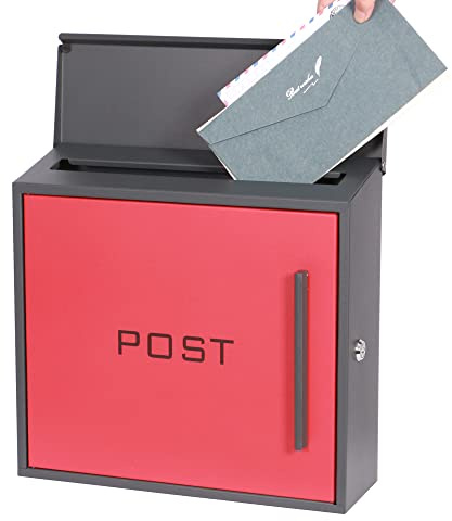 DWD® Chic Red Door Letter Box Lift up Flap, Top Slot, Trendy Side lock, Landscape Door, Sloped Roof, Stylish Galvanised Steel, A4 Slot, Modern Letterbox in 2-Colour Design, Black/Red, 12 x 35 x 33 cm
