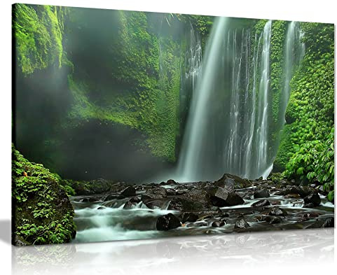 Panther Print Fine Art Prints Green Moss & Water Fall Artistic Framed Canvas Print, Pictures for Home Walls, Bedroom, Living Room & Bathroom Decor 46x31cm (18x12in)