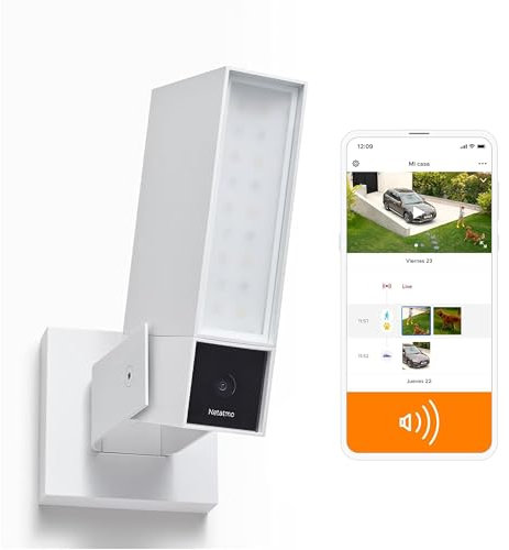 Netatmo Cámara Exterior Inteligente Netatmo Blanca con Sirena 105 dB, Iluminación Integrada, Detección de Movimiento, Visión Nocturna, WiFi, Seguridad para Hogar y Exterior - NOC-S-W-IB