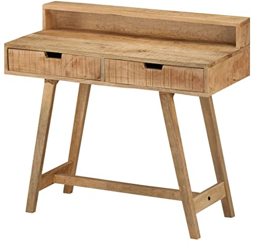 vidaXL Retro Solid Rough Mango Wood Desk - Spacious Tabletop and Two Drawers - Bedroom, Office, Living Room Brown Wooden Desk
