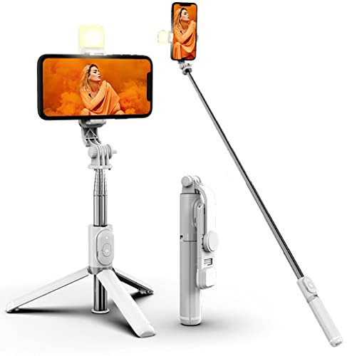 Enkarl Selfie Stick Tripod with Light, Portable Extendable 3 in 1 Stainless Steel Phone Tripod with Detachable Wireless Remote Stand Selfie Stick, Lightweight Compatible with Cellphones (White)