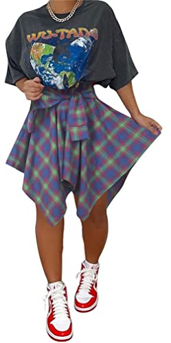 Karierter Damenrock, hohe Taille, mit Knoten vorne, asymmetrischer Saum, Mini-Skaterrock