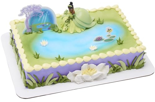 DecoSet® Disney Princess Tiana Cake Topper, 3-Piece Cake Decoration With Tiana And Frog Figurine, Water Lily Pic, And Background Scenery Pic