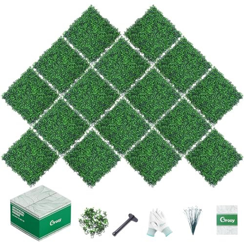 GROOY 16 Stück Buchsbaumpaneele, 25,4 x 25,4 cm, Graswand, Pflanzenwand, Gras-Hintergrund, Sichtschutz, sonnengeschützte grüne Wanddekoration für draußen, drinnen, Garten, Hinterhof und Dekor