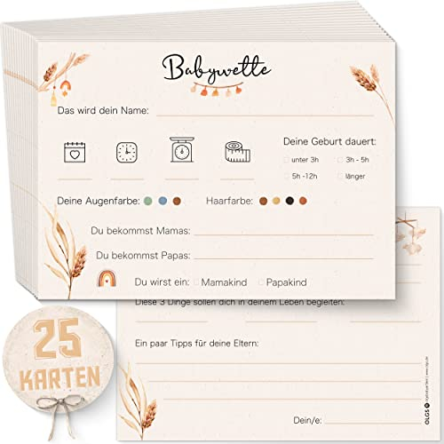 Olgs Babyparty Ratespiel 25 Karten zum ausfüllen DIN A6 | Babywette Tippkarten für Babyshower | Gender Reveal Party Quiz für Junge und Mädchen | Schwangerschaft Geschenk Baby Party Spiele - Boho