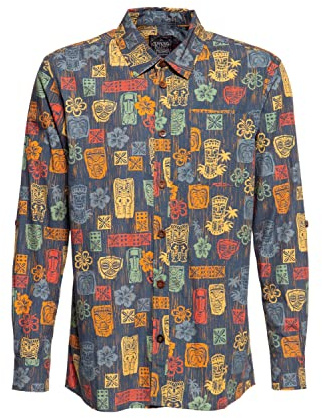 King Kerosin Herren Langarm Hemd Hawaii Hemd Hawaii Allover Print Tiki Stil Vintage Retro Bio-Baumwolle Organic Cotton Tiki's