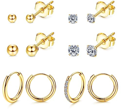 Morfetto G23 Titan Ohrringe Set für mehrere Piercing Hypoallergene Kleine Creolen 2mm 3mm CZ Kugelohrstecker und Creolen Set für Damen Gold