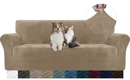 YSTELLAA Housse De Canapé en Velours 3 Places, Sofa Cover Extensible, Universelle Housse pour Canapé avec Accoudoirs, Protection Griffures, Antidérapant, Lavable, Camel
