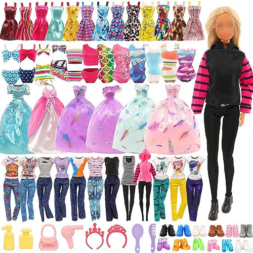 Miunana 38 Piezas (Selección Aleatoria) Muñeca De 11,5 Pulgadas 30 CM: 2 Vestidos De Novia + 2 Vestidos + 2 Pantalones Largos + 2 Bañadores + 12 Minivestidos + 10 PCS Zapatos + 8 Accesorios