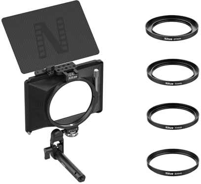 Nitze Mini Matte Box für Spiegellose DSLR Kameras, Mattebox mit 4 Runden Objektivadapterringen (Φ67/72/77/82 mm), 15 mm Stangenklemme und 15mm Stab mit 1/4 Schraube – MB15AK