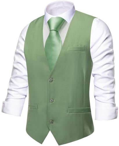 Hi-Tie Gilet de costume à carreaux uni et col en V pour homme, coupe ajustée, 3 poches, smoking formel, décontracté, pour mariage ou travail, vert sauge, XX-Large