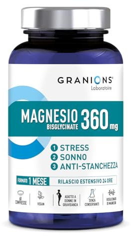 Magnesio Bisglicinato 360 mg 60 Compresse Vitamina B6 - Granions | Magnesio glicinato a rilascio prolungato 24h con vitamina B6, stanchezza, stress e sonno, vegano, gravidanza