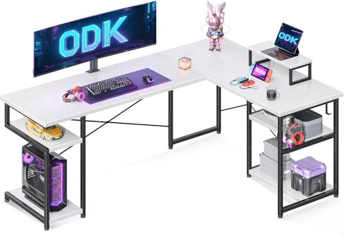 ODK Corner Desk with Storage, L Shaped Desk with Hook, Computer Gaming Table with Monitor Stand, White 148×120 cm