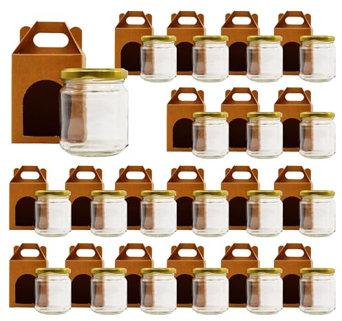 Espirito Rebelde Lot de 20 pots en verre vides avec couvercle de 212 ml avec 20 bôites en carton pour 1 pot de confiture - Inclut un couvercle à vis doré, pour confitures, conserves, miel