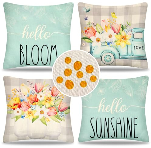 HomeStilez Kissenbezug 40x40 Outdoor Blume Sofakissen Kissenhülle Wasserdicht Schwarz Weiß Kariert LKW-Muster Kissenbezüge Leinen Blau Dekokissen für Sofa Terrasse Garten Bank 4er Set