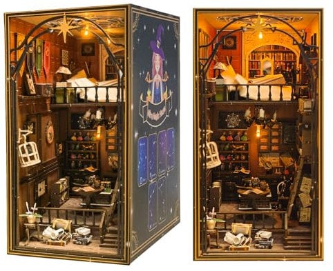 DIY Book Nook Kit - 3D Wooden DIY Miniature House Book Nook, Wooden Puzzle Bookends with LED Light, Puzzle Wooden Art Bookshelf Insert Decor, Magic Room Model Kit for Adult Building