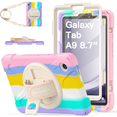 BRAECN Case for Galaxy Tab A9 - Samsung Tablet A9 Cover 8.7 Inch | Heavy Duty Shockproof with Screen Protector 360° Rotating Hand Strap & Stand, Shoulder Strap, SM-X110/SM-X115/SM-X117, Pink