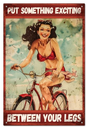 GLOBLELAND Sommer Fahrrad Frau Retro Blechschild Pin Up Lady 12×8 Zoll Lustige Schilder Vintage Metallschild Für Strand Küste Pool Reisen Badezimmer Surfen