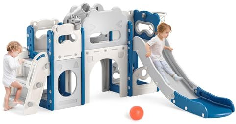 Krovtoy Toboggan pour Enfants épaissi et élargi, Toboggan Extra-Long de 170 cm, Toboggan pour Tout-Petits 7 en 1 autoportant avec Panier de Basket, grimpeur pour Tout-Petits en Plein air(Bleu Gris-7)