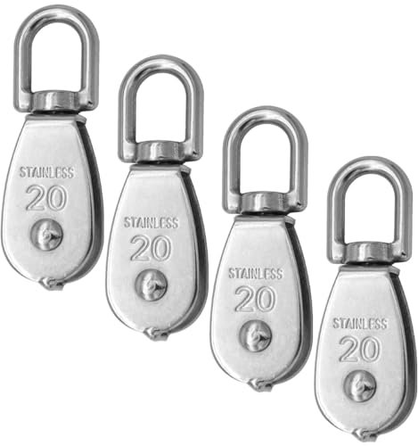 CEEYSEE 4Pcs M20 Pulley 304 Stainless Steel Pulley Single Pulley Set Heavy Duty Pulley Drum for Ropes Camping Gym Wheel Hanger Out Door Pulley Load Capacity 75kg(U/M20)