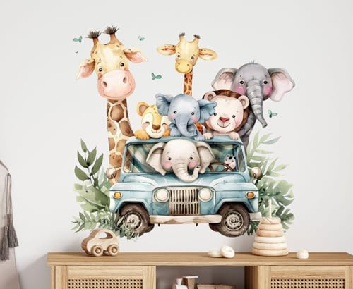 wolga-kreativ Wandtattoo Wandsticker Kinderzimmer Aufkleber Wandbild Safari Tiere Auto Elefant Wanddeko Set Kinder- Spiel- Baby- Junge-n Zimmer