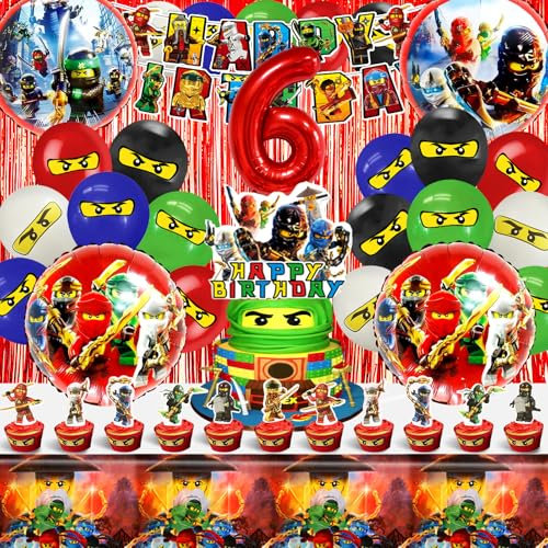 53 Pcs Ninja Deko, Ninja Deko Kindergeburtstag, Ninja Dekoration Geburtstag, Geburtstagkuchen Dekoration Ninja, Ninja Party Deko, Luftballon, Geburtstagsdeko, banner Regenvorhang, 6 Jahre