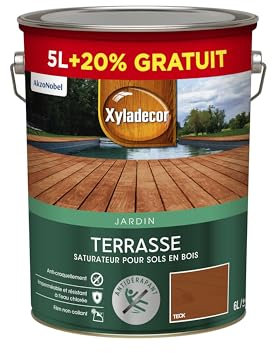 Xyladecor - Saturateur pour Sols Extérieurs en Bois - Terrasses, Abords de Piscine, Caillebotis - Antidérapant - Couleur : Mat Teck - Quantité : 5L + 20% gratuit