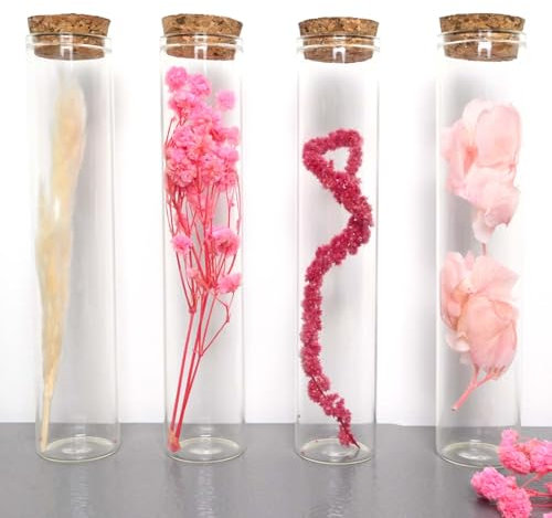 LHOEST 4 Stück Boho Deko Reagenzgläser für Blumen 4×15.5cm, Bunt Trockenblumen Deko Reagenzglas mit Korken, DIY Trockenblumen Klein Reagenzglas mit Korken Glas, für Tisch Fensterbank Deko