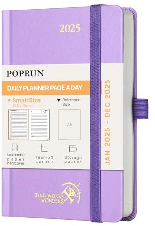 POPRUN Kalender 2025 Tagesplaner Hardcover 16 x 10,5 cm, Tageskalender A6 1 Tag 1 Seite (Montag - Sonntag), Terminplaner (Jan.2025-Dez.2025) mit Stiftschlaufe - EU-25-C6HBTA6-VT