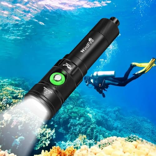 WINDFIRE Linterna de Buceo, 5000 Lúmenes Antorcha de Buceo con Indicador de Potencia, 4 Modos de Iluminación Lámpara submarina, Antorcha de Snorkel Linterna Submarina con Batería Recargable 