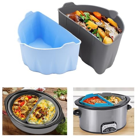 HoneTeek Crock Pot Liners, Silicone Slow Cooker Liners for 6 7 8 Quart, Reusable Crock-Pot Divider for Oval or Round Small Pot Slow Cookers, BPA-Free Dishwasher Safe (Gray & Blue)