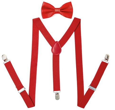 PONCEAU 2 Set Hosenträger und Fliege für Herren und Damen，2.5 cm breiter Hosenträger Herren in Y-Form Elastisch und Verstellbar mit Farblich Passender Fliege 12 x 7 cm