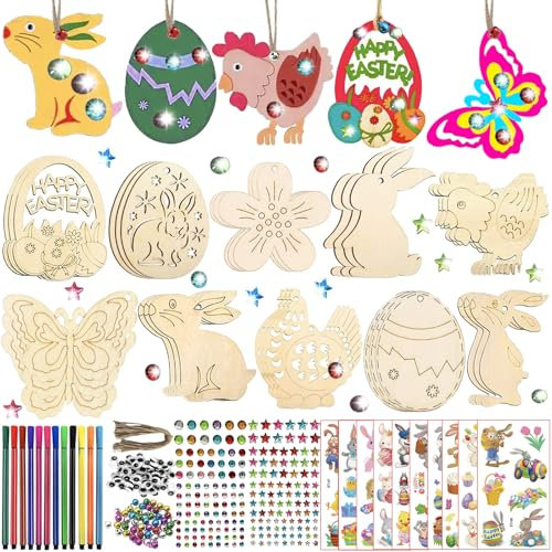 Generisch Ostern Basteln Kinder, 342 Stück OsternBasteln für Holz, Ostern Deko mit DIY, Osterdeko, Basteln Ostern, Ostereier Zum Bemalen, mit Osteranhänger Holz, GlöCkchen, Augen, Strasssteine, etc