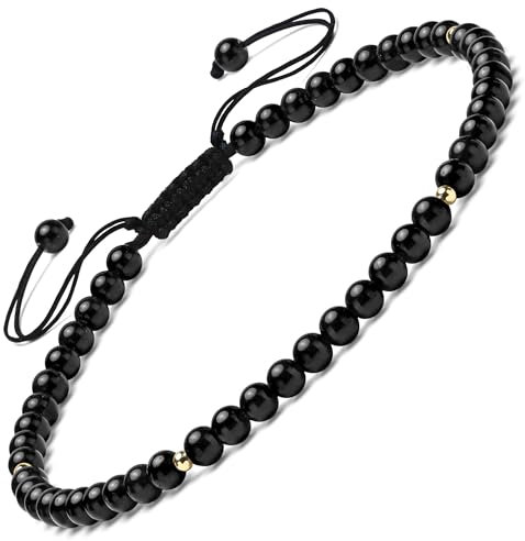 Apocalyptic-K Damen Naturstein Fußkettchen, 4MM, 9,45-10,45 Zoll. 925 Silber/Gold, Handgewebt (Schwarzer Obsidian Fußkettchen,4MM)