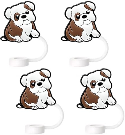 White Brown Bulldog Straw Toppers For Stanley Cups;Bulldog Straw Covers Cap Toppers Compatible With Stanley 30&40 Oz Tumbler, Reusable & Silicone Tumbler Straws Topper For 0.4 Inch/10 Mm Tips 4 Pcs
