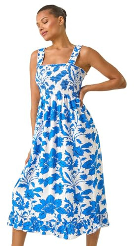 Roman Originals Floral Shirred Midi Dress for Women UK - Ladies Everyday Holiday Spring Summer Square Neckline Comfy Soft Evening Vacation Work Party