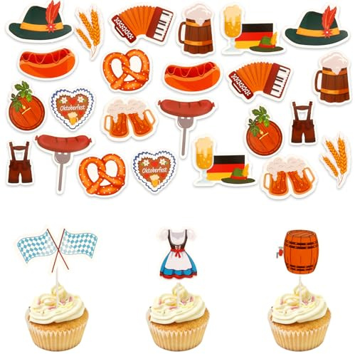 Oktoberfest Deko,Oktoberfest Cupcake Topper-30Stück Bayrische Motiv Spicker,Traditionelle Bierfest Dekoration Für Cupcakes,Desserttabletts & Buffets,Perfekt Für Wiesn Partys,Geburtstage & Vereinsfeste