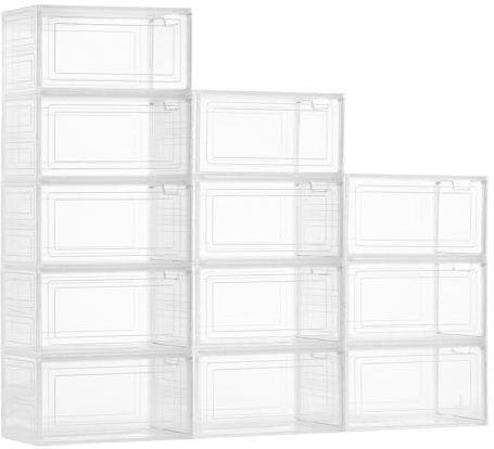 VEVOR Shoe Storage Boxes, 12 Pack Clear Stackable Shoe Boxes Storage Organizers with Magnetic Door, Fit up to US Size 13, Plastic Sneaker Containers for High Heels, Boots, and Hats, Transparent White