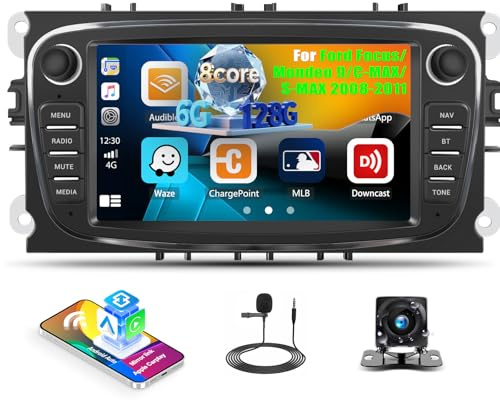 8 Core 6+128G Android 15 Autoradio für Ford Focus/Mondeo 9/C-MAX/S-MAX 2008-2011, 7 IPS 2.5D Radio mit Wireless Carplay Android Auto/FM/RDS /32EQ /DSP/GPS/WiFi+ AHD Rückfahrkamera