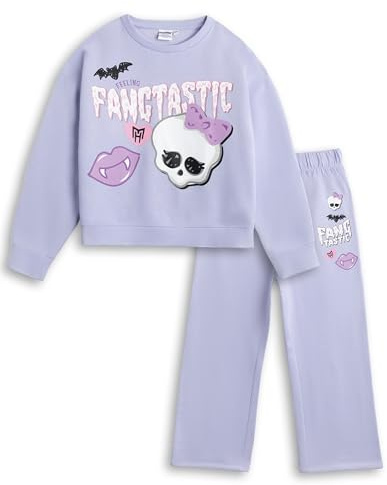 Monster High Girls Lavender Fangtastic Sweatshirt and Joggers Set | Long Sleeve Crew Neck Outfit | Cartoon Merchandise