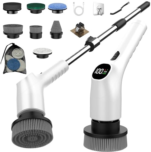 Elektrische Reinigungsbürste, Electric Cleaning Brush mit 7 Wechselbürsten, IPX7 wasserdichte Putzbürste Elektrisch,Verstellbarem Griff Elektrische Bürste für Bad Fliesen Küche Boden Auto Weiß G3