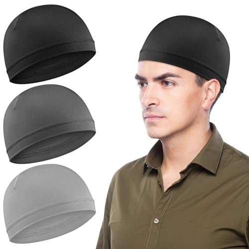 Qianyu 3pcs Cooling Skull Caps Helmet Liner Sweat Wicking Thermal Running Beanie Stretchy Cycling Skull Caps Lightweight for Men Women (UK, Alpha, One Size, Black; Dark Gray; Light Gray)