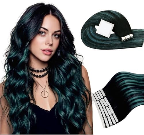 RUNATURE Echthaar Extensions Tape Ombre Schwarz Teal 35cm 20pcs 40g | #1b/Teal Echthaar Tape Extensions Ombre Schwarz-Teal – Hitzebeständig, Wiederverwendbar. Doppelt Gewebt, Seidig Glatt