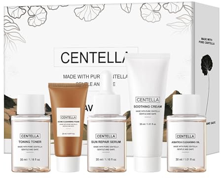 Set de Cuidados Faciales Hidratante Tamaño Viaje, Agua tónica, Sérum solar, Crema calmante, Aceite limpiador y Espuma limpiadora antiacné